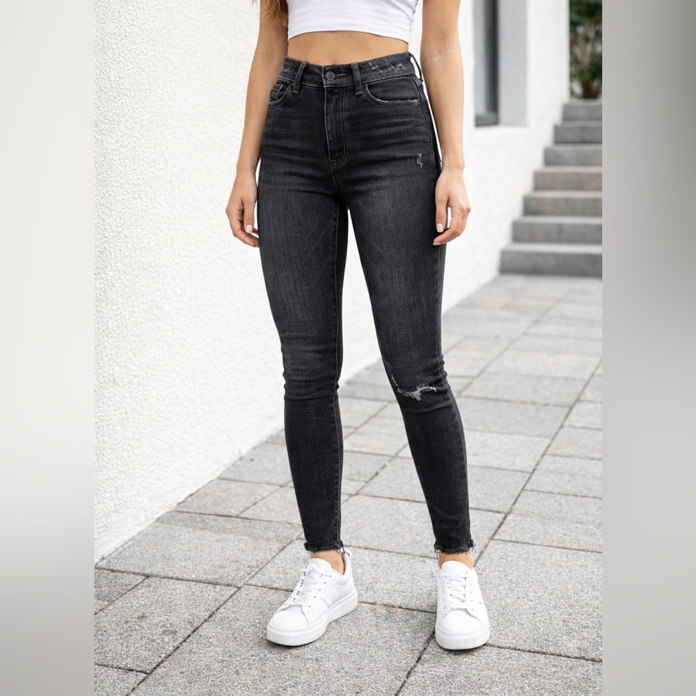 Kancan Mid Rise Ankle Skinny Frayed Hem Jeans 3/25 Black